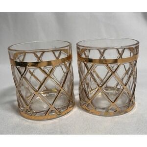 Pair Vintage MCM ALTUZARRA Gold Lattice Lowball Cocktail Glass Whiskey Bar